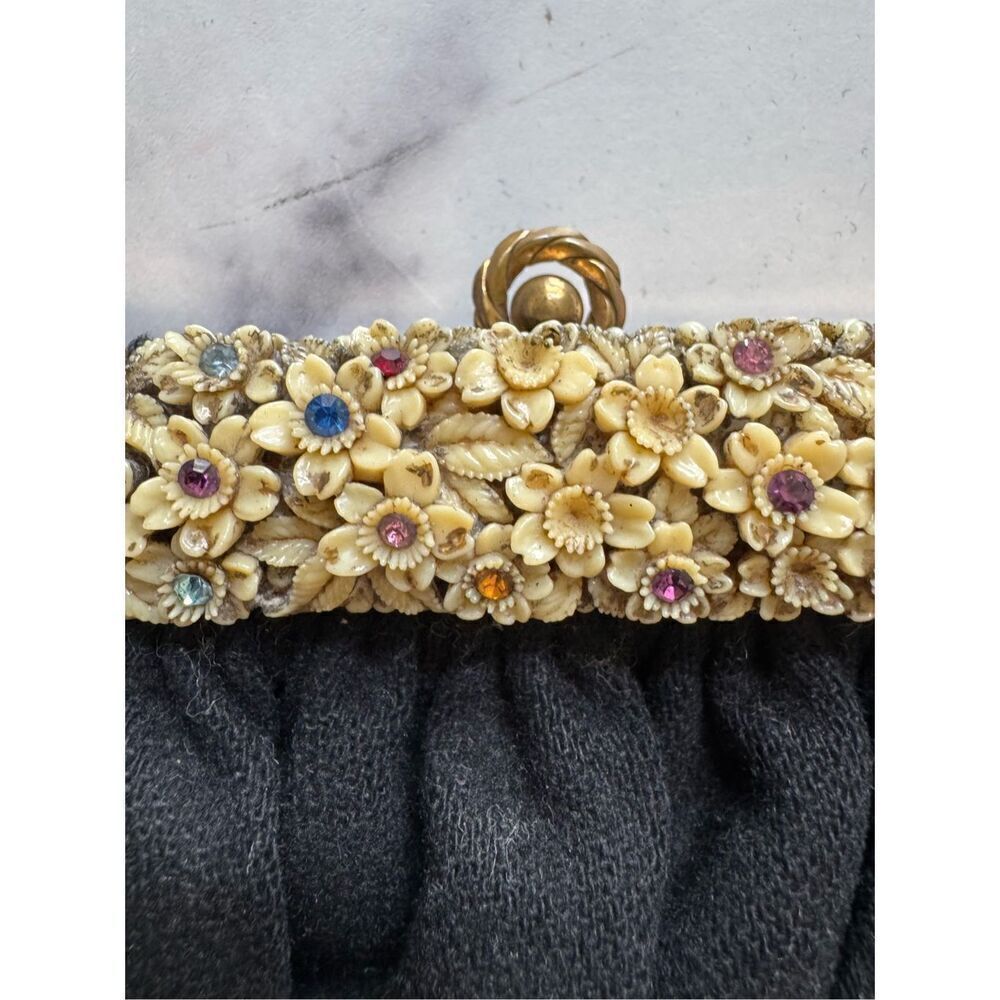 Guild Creations vintage 1940 puffy black pouch purse encrusted jewels floral ple